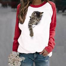 Женские футболки с 3d принтом кота, повседневный пикантный пуловер 40 #, свитер с длинным рукавом, футболка в стиле пэчворк, Весенняя футболка с мультяшным принтом 2024 - купить недорого