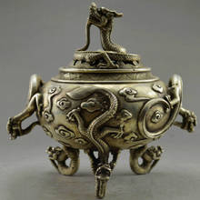 Free Shipping Collectible home Decorated Old Handwork Miao Silver Carved 6 Dragon statue incense burner/metal crafts censer 2024 - buy cheap