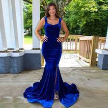 Royal Blue Velvet Mermaid Evening Dresses Side Split Long Sweep Vestidos De Festa Spaghetti Straps Prom Formal Gowns 2024 - buy cheap