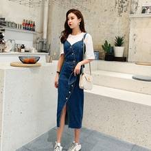 Summer Fashion Women Straps Denim Dress Bow High Waist Mid Calf Long Dress Single Breasted Buttons Slim Fit Suspender Dresses 2024 - buy cheap