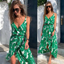 Sexy Women Boho Maxi Floral Dress V-Neck Leaves Printed Summer Holiday Sleeveless Split Dress Ladies Clothes Casual Fashion New 2024 - купить недорого