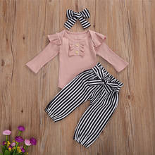 Autumn Baby Girl Three Piece Suit Cute Solid Color Ruffle Long Sleeve Jumpsuit Stripe Floral Pants With Headband 2024 - buy cheap