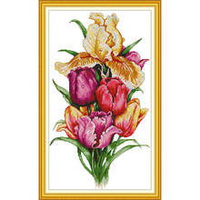 Juego de 9 flores de tulipán de amor eterno, punto de cruz chino, algodón ecológico impreso, 14ct, 11CT, decoración DIY para Navidad o boda 2024 - compra barato