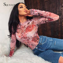 Summer 2020 Floral Print Mesh Tops Tshirt Vintage O-neck Long Sleeve See Through Top Women Sexy Transparent Slim Beach Shirt 2024 - buy cheap