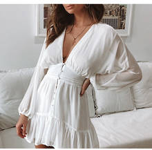 Sexy Deep V Neck Dress Women Long Sleeve White Dress Elegant Ruffle Spring Summer Beach Dress Women 2020 Casual Party Dresses 2024 - buy cheap