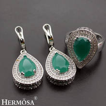 Joias incríveis de luxo, conjunto de brincos cor prata verde-esmeralda, anel 8 #, conjuntos clássicos para mulheres, design de lágrima verde 2024 - compre barato
