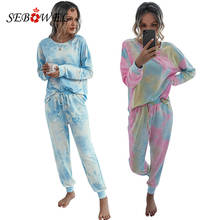 Sebowel mulher manga longa tie-dye camiseta calças pijamas define casual outono inverno loungewear feminino tops calças roupa 2024 - compre barato