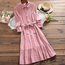 high quality Corduroy Dress Women Turn Down Collar sashes Long Sleeve Mori Girl Vintage Loose Plus Size Pink Winter Dress DA886 2024 - buy cheap