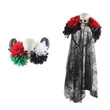 Women Halloween Artificial Rose Flower Skull Face Headband with Black Lace Veil Mexican Day of The Dead Crown Cosplay Hair Hoop 2024 - buy cheap