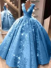 Синее бальное платье, платья для Quinceanera с V-образным вырезом, кружевные вечерние платья с аппликацией для выпускного вечера для девочек 15 лет, с вырезом на спине 2024 - купить недорого
