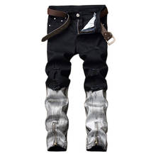 Pantalones vaqueros ajustados de estilo Hip hop para hombre, jeans rasgados de color negro y blanco con revestimiento de cremallera, Vaqueros informales para motociclista 2024 - compra barato