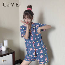 CAIYIER Women Summer Pajamas Set Cute Blue Bowknot Print Short Sleeve Sleepwear Turn-down Collar Lounge Female Nightwear M-XXL 2024 - buy cheap