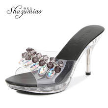 Thin Bottom Non-slip Crystal Shoes 9 cm High Heel Women Slippers Thin Heel Sandals Beaded Rhinestone Black White Woman's Shoes 2024 - buy cheap