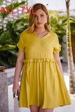 New 2021 summer plus size dress for women large short sleeve loose casual ruffle yellow V neck pleated dresses 4XL 5XL 6XL 7XL 2024 - buy cheap