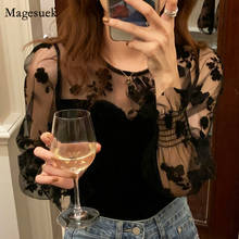 Blusa de malha renda feminina manga longa, camisa elegante coreana nova blusa floral com gola redonda blusa sexy feminina 2021 2024 - compre barato