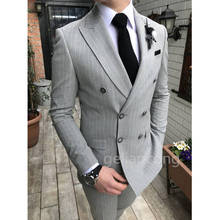 Trajes de corte entallado para hombre, esmoquin clásico a rayas, traje de negocios, chaqueta, pantalones para novios de boda, 2 piezas 2024 - compra barato