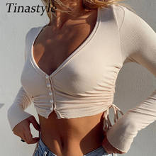 Tinastyle Deep V Neck Drawstring Sexy T Shirt Women Crop Top Solid White Buttons Pleated Summer T-shirts Casual Party Shirt Tees 2024 - buy cheap