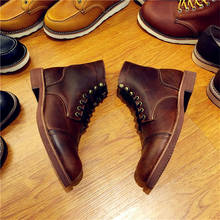 Botas masculinas artesanais vintage, bota de couro genuíno de alta qualidade com asas, dedo redondo, motocicleta, outono e inverno 2024 - compre barato