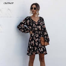 Vestido floral feminino casual, de manga comprida, com laço, vintage, flor, preto, roupas curtas, vestidos retrô para primavera, verão, 2020 2024 - compre barato