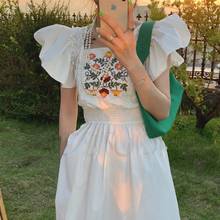 Feminino elegante floral voar manga vestido branco gola quadrada verão doce vintage vestido feminino bordado coreano festa vestidos 2024 - compre barato