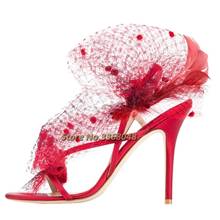 Air Mesh Thin Heel Sandals Open Toe Lace Decor Feather Red Black Stiletto High Heel Slingback Stylish Women Dress Wedding Shoes 2024 - buy cheap