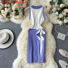 ALPHALMODA New Knit Dress 2020 New Summer Design Contrasting Color Sweet Bow Sashes Dress Sexy Slit Women Slim Knit Dress 2024 - купить недорого