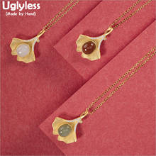 Uglyless-Conjunto de joyería de plata 925 con hojas de Ginkgo, pendientes de ágata de Jade natural, collares y cadena con colgante dorado, elemento primaveral, para mujer 2024 - compra barato