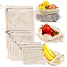 Sacos vegetais de algodão, frutas e vegetais, com cordão, reutilizáveis, 1 peça, armazenamento de cozinha, bolsa de malha, lavável à máquina 2024 - compre barato