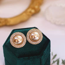 Pendientes de lujo con diamantes de imitación para mujer, aretes redondos grandes y brillantes con perlas de imitación, joyería para fiesta de boda, regalos 2024 - compra barato