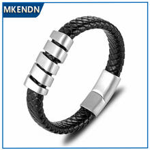 Mkendn pulseira de couro masculina, bracelete para homens, trança preta, corrente de corda multicamadas, fecho magnético de aço inoxidável, jóias para presente 2024 - compre barato