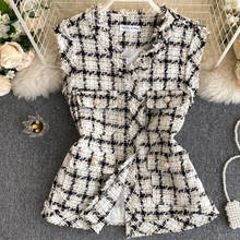 Colete curto vintage com fragrância pequena tweed, casaco feminino com decote em v slim xadrez, primavera e outono 2024 - compre barato