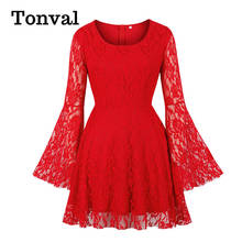 Tonval Flare Sleeve Red Elegant Lace A Line Mini Dresses Party Women Autumn Clothes O-Neck Slim Solid Dress 2024 - buy cheap