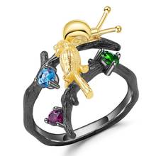 Кольцо GEM'S BALLET, регулируемое кольцо ручной работы из стерлингового серебра 925 пробы с натуральным швейцарским синим топазом, милое кольцо с улитками и птицами на ветке 2022 - купить недорого