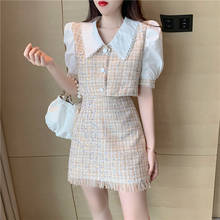 Sweet Peter Pan Collar Tweed Two piece Set Women Puff sleeve Sequined Shirt Tops and Tassel Bodycon Mini Skirt Suits Office B292 2024 - buy cheap