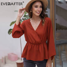 Everafter-blusa feminina de manga longa, lisa, gola v, camisa de cintura alta, com babados, outono, casual, escritório, trabalho 2024 - compre barato