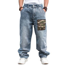 Calça jeans masculina solta, azul claro, casual, camuflada, bolso, hip hop, skate, calças largas, tamanho grande 2024 - compre barato