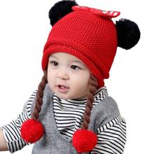 Chapéus de inverno coreanos duas perucas, chapéu de malha para bebê infantil, bola de pele com laço, bonés com aba para orelha para crianças de 6 meses a 2 anos 2024 - compre barato