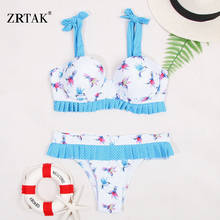 Zrtak-Bikini Floral con volantes y hombros descubiertos para mujer, traje de baño Bandage con cordones, Bikini Push Up femenino, conjunto de Bikini 2024 - compra barato