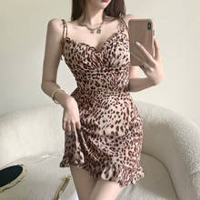 Summer Vintage Sexy Strap Dress Women Casual Elegant Leopard Print Ruffles Slim Dress Female Korean Chic Party Club Dress 2021 2024 - buy cheap