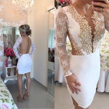 Vestido de cóctel blanco de manga larga con cuello en V, minifalda dorada con Apliques de encaje, vestidos de fiesta para Homecoming, vestido de novia 2024 - compra barato