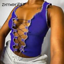 ZHYMIHRET Sexy Hollow Out Lace Up Inside Out Tank Top Women Ribbed Knitted Crop Tops 2020 Summer Festival Camisole Female Tee 2024 - buy cheap