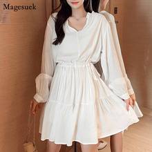 Женское мини-платье с V-образным вырезом, длинным рукавом и завышенной талией, в Корейском стиле, осень 2020 2024 - купить недорого