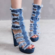 Summer Women boots Denim Peep Toe Super High Heels solid Mid Calf Platform Rubber Zipper Ladies Wedding Shoes zapatos mujer N60W 2024 - buy cheap