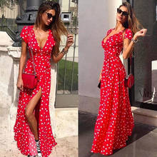 Women Bohemian Dots Printed Party Dress Short Sleeve V Neck Casual Dress 2020 Summer Fashion Split Women Long Dress 2024 - buy cheap