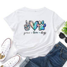 Camiseta estampa paz love dog, camiseta feminina algodão manga curta gola redonda, estampa fofa de desenhos animados, camiseta feminina moda 2024 - compre barato