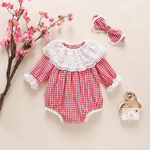 Cute Infant Clothes 2 Piece Plaid Floral Lace Collar Long Sleeve Baby Girl Romper+bow Headband Birthday Princess Bodysuit 0-18M 2024 - buy cheap