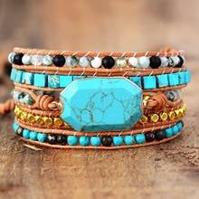 Pulseiras com contas de couro tibetano, bracelete com contas de couro com pedras naturais boho, presente exclusivo 2024 - compre barato