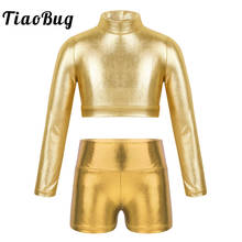 TiaoBug Kids Long Sleeves Glossy Metallic Crop Top and Girls Ballet Gymnastics Shorts Set Dance Wear Stage Performance Costume 2024 - buy cheap