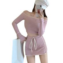 Women's Two Piece Set Casual Slash Neck Long Sleeve Short Top + High Waist Short Skirt Sports Style Outfits 2024 - buy cheap