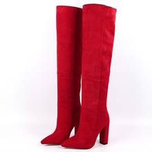 2021 New Women Over The Knee High Boots Square Hihh Heels Winter Shoes Sewing Pointed Toe Sexy Flock Women Boots Red Size 34-43 2024 - buy cheap